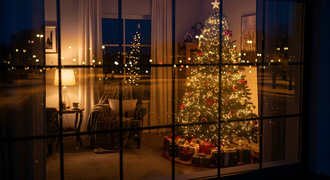Cozy Christmas room seen through frosty window