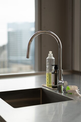 Modern stainless steel kitchen sink dish soap cleaning brush