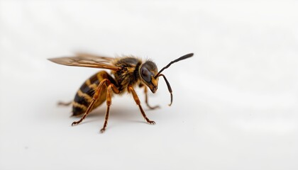 A single bee perched on a surface, facing forward with its antennae raised. Its body is segmented into distinct areas of darker hues, indicating the typical pattern found in bees