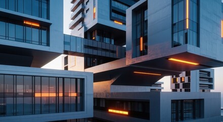 Futuristic cityscape with interlocking geometric buildings at twilight hour glow