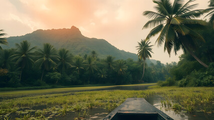 Tropical River View from Boat at Sunset with Palm Trees and Mountains