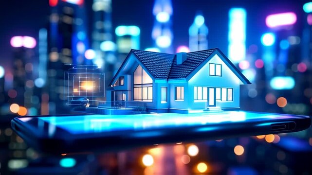 Innovative real estate technology showcasing modern house design on smartphone display at night