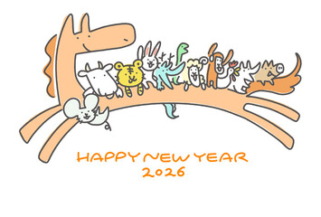 走る馬に乗るかわいい笑顔の十二支の年賀状　2026　手描き　干支