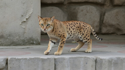 Exotic Spotted Wild Cat Walking on Stone Surface in Bright Daylight