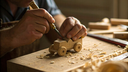 Close-up editorial shot of skilled hands carving a small wooden toy in a rustic artisan workshop