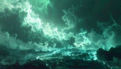 Fototapeta premium Ethereal Green Glowing Clouds Over Mystical Dark Landscape.