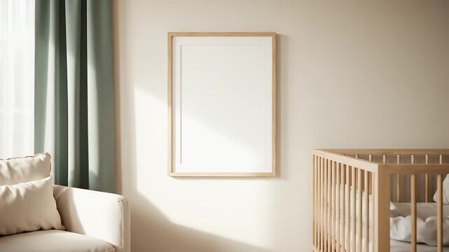 Cozy Nursery Scene with Crib and Mockup Frame.