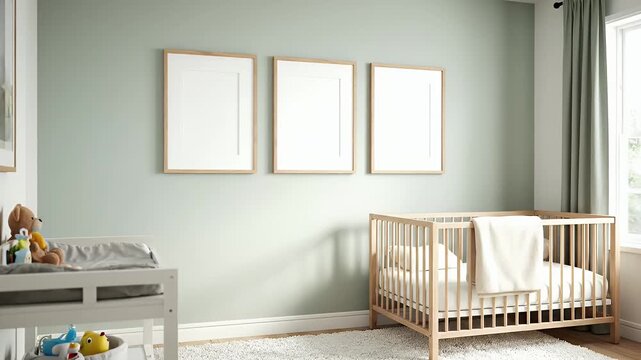Cozy Nursery Room with Crib and Blank Frames on Wall.