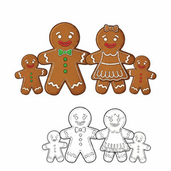 Cute gingerbread cookie family holding hands, a festive Christmas holiday illustration with both color and black and white outline versions
