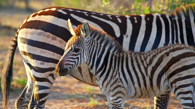 Zebra mother and foal pair in natural environment striking striped patterns