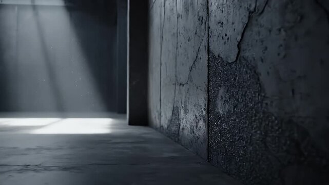 Dark Concrete Corridor With Dramatic Light Rays.