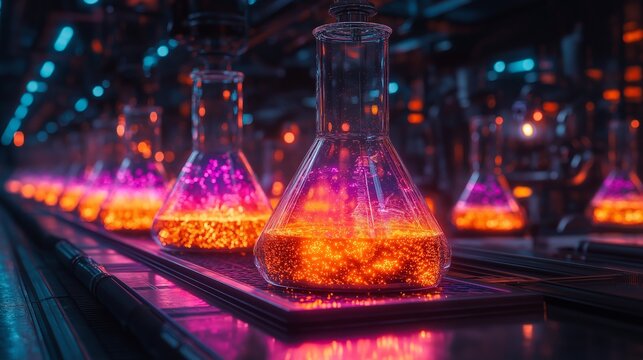 Illuminated Laboratory Vessels: An array of glowing laboratory flasks, illuminated with vibrant colors, are arranged on a metallic conveyor.