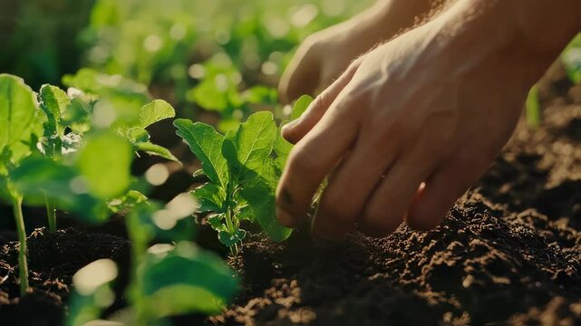 Manual Planting of Greens: A Close-Up Look at Sustainable Agriculture Practices with Hands in the