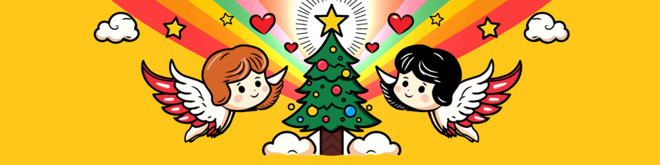 cute christmas banner with cartoon angels, christmas tree and colorful rainbow background