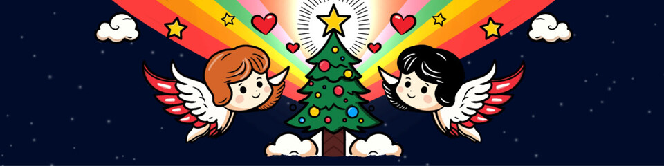 Fototapeta premium whimsical christmas night scene with angels, a tree, and a rainbow