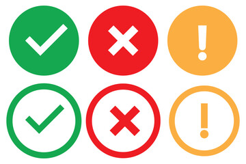 Right or wrong icons. Green tick and red cross checkmarks in circle flat icons. Yes or no symbol, approved or rejected icon for user interface.