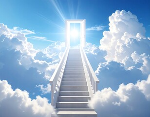 Stairway to heaven ascending into bright sunlight and fluffy clouds