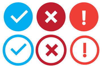 Right or wrong icons. Green tick and red cross checkmarks in circle flat icons. Yes or no symbol, approved or rejected icon for user interface.