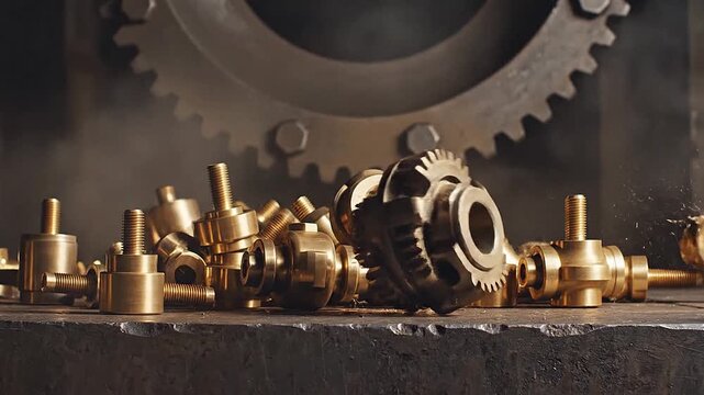 Impact creates sparks in cinematic shots of falling brass fittings tumbles spark