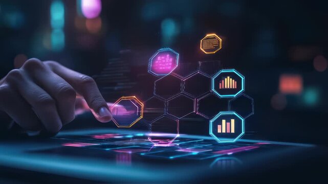 Futuristic interface and touch screen, symbolizing data analysis, cloud computing and machine - Powered by Adobe