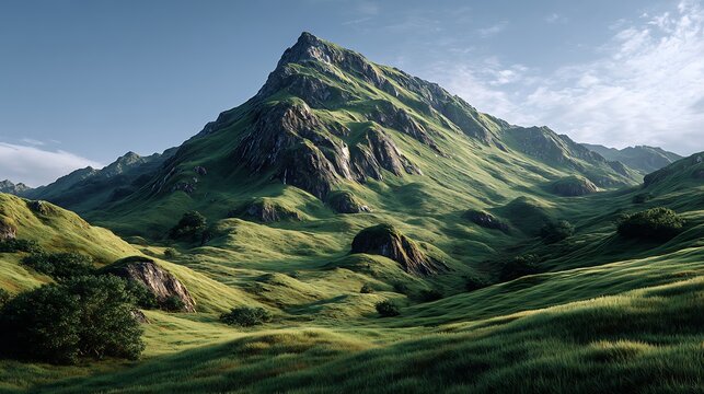 A scenic view of a lush green mountain landscape with a clear blue sky and scattered clouds above it all