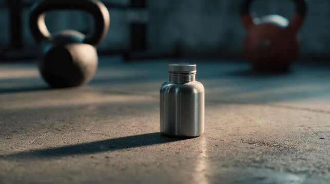 Kettlebell Workout Scene With Strong Shadows and Empty Spot for Supplement Bottle on a Rough Metal Table