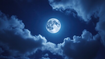 Full moon in a cloudy night sky, creating a serene and mystical scene