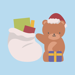 The image features a cartoon teddy bear wearing a Santa hat, holding a gift box, with a bag full of presents next to him. The illustration is in a flat style, set against a light blue background.