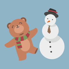 A cartoon illustration features a teddy bear wearing a scarf alongside a snowman with a hat and tie. The image is designed with a flat style on a light blue background.