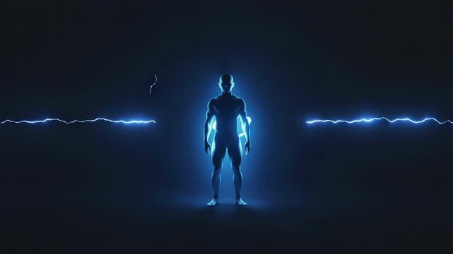Powerful lightning surrounds silhouetted male hero scene