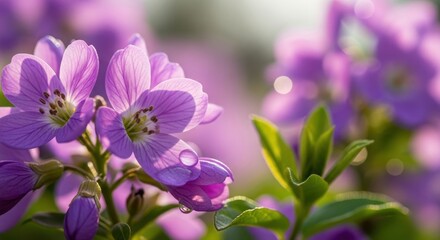 Gentle morning light illuminating vibrant purple wildflowers in a blooming meadow