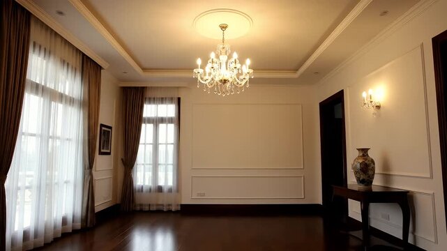 Elegant Interior of a Spacious Room with Chandelier and Large Windows.