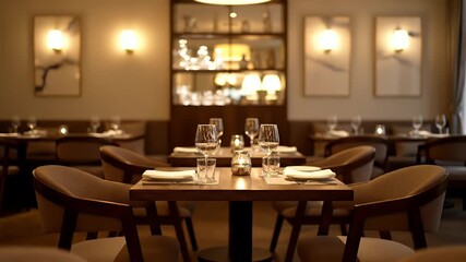 Elegant restaurant interior with tables set for dining.