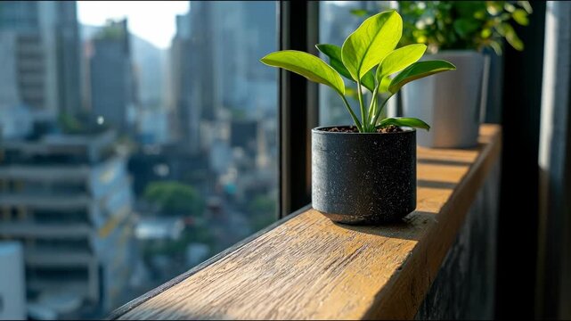 A small houseplant in a black pot sits on a wooden ledge, with an urban cityscape visible through the window