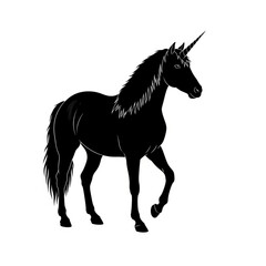 Obraz premium Silhouette of a majestic unicorn standing with one leg raised against a white background in a vector art style