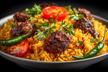 Plate of delicious spicy biryani rice with meat chunks and fresh green chilies garnished with tomato on a clean grey studio background.