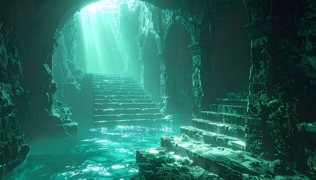 Sunlit Underwater Cave with Ancient Stone Steps and Ethereal Green Glow.