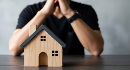 Worried homeowner facing foreclosure looks at a wooden house model, dealing with mortgage stress and housing market uncertainty in tough economic times