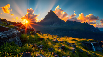 Majestic Mountain Peak at Sunrise with Sun Rays Shining Over a Green Alpine Landscape
