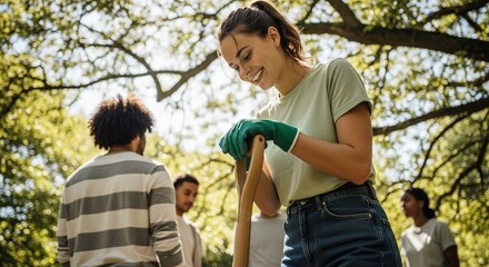 Volunteers working together outdoors, a smiling woman with a shovel building community spirit in a vibrant park setting on a bright sunny day