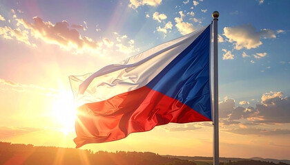 Czech Republic flag waving gloriously against a stunning sunset sky, symbolizing freedom and national pride in a vibrant and inspiring scene