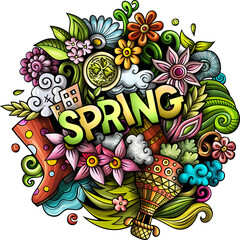 Spring Doodle Hand-Drawn Cartoon Illustration with Flowers, Rain Boots, and Lettering