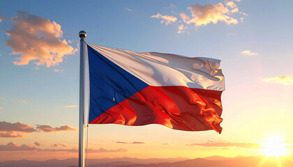 Czech Republic flag waving proudly at vibrant sunset, symbolizing national pride and unity with beautiful sky backdrop for travel and patriotic themes