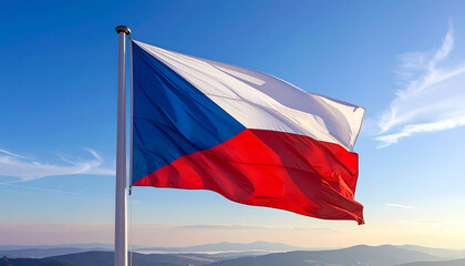 Czech Republic's flag waving proudly against a brilliant blue sky symbolizing national pride and unity, a stunning landscape backdrop for travel imagery