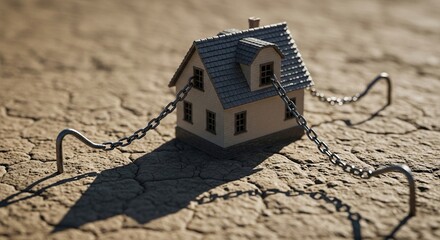 Chained home symbolizes debt crisis and economic hardship in dry cracked earth, creating feelings of financial insecurity and worry for the future