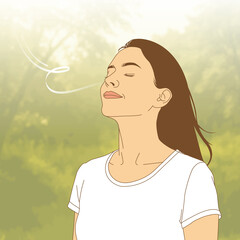 Woman take air breath in the sun light morning feel calm, illustration cartoon