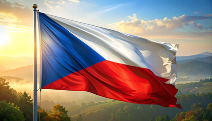 Czech Republic flag waving proudly against a stunning sunrise over rolling hills, representing patriotism, national pride and cultural heritage