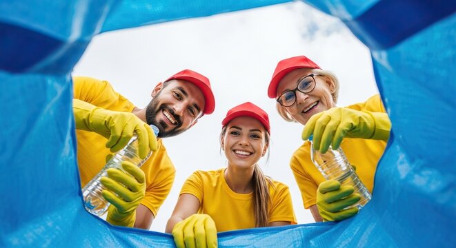 Smiling volunteers recycle plastic bottles together in blue bin, demonstrating teamwork and environmental responsibility for a greener future world - Powered by Adobe