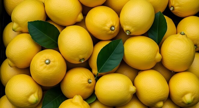 Full frame background of fresh bright yellow lemons with scattered green leaves.