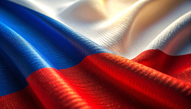 Waving Russian flag with vibrant colors under golden light, a symbol of national pride and patriotism, great for news and political content